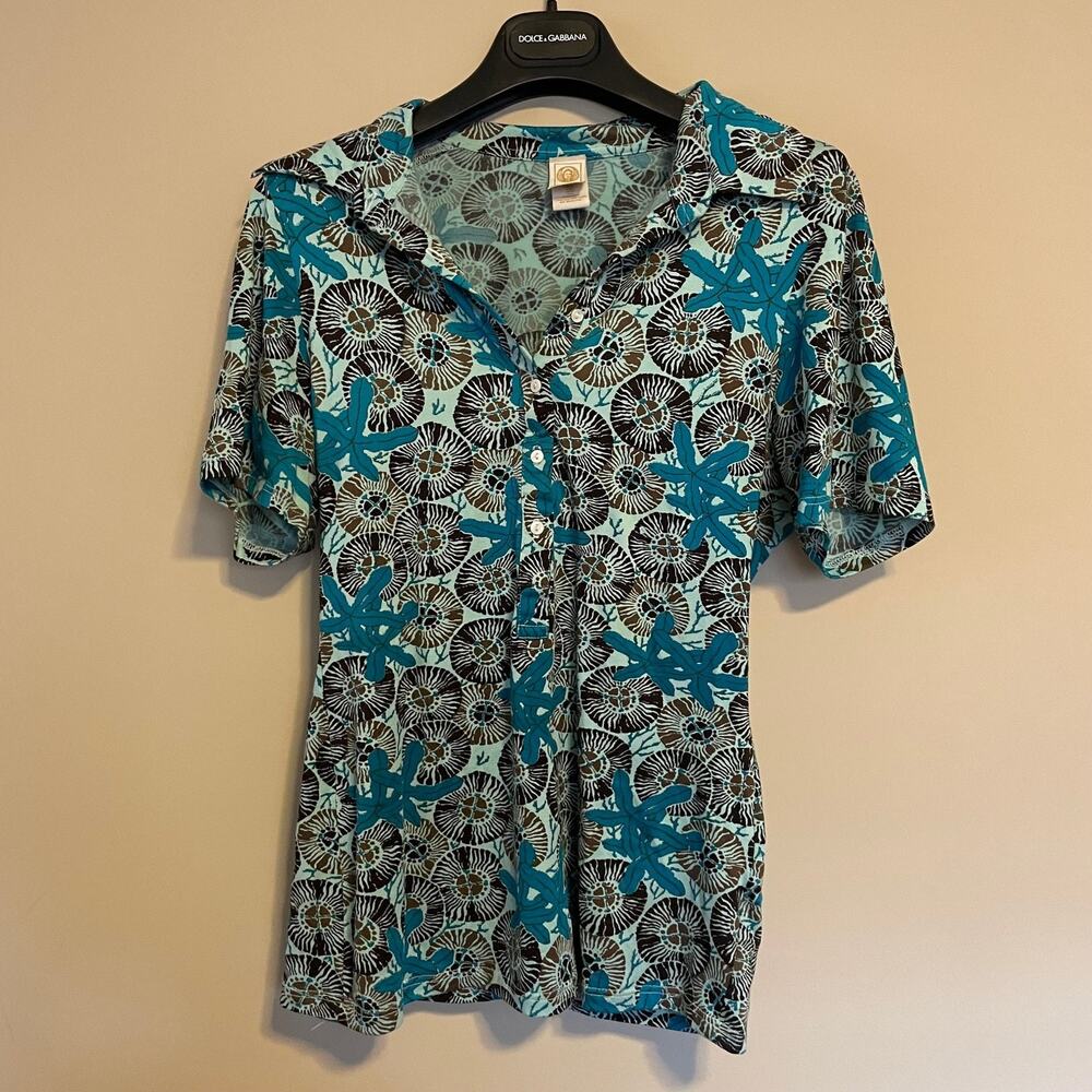 Herion Italy 95% Silk Vintage Polo Shirt, Blue Brown Floral Print, Size XS